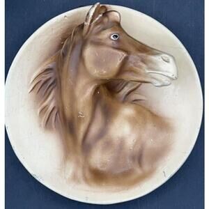 Vintage Ceramic Horse Wall Plaque w/Wire Hanger, Restored Ear, 9″